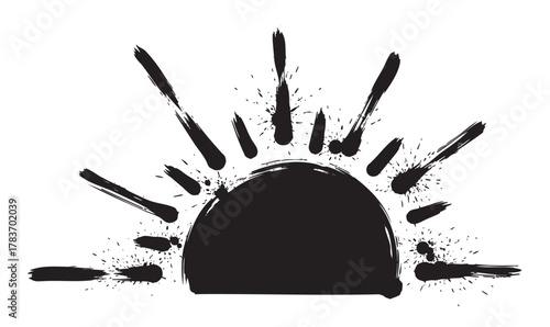 Black grunge-style sun icon with expressive brush stroke rays radiating outward, suggesting a sunrise or sunset.