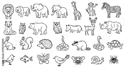Black and white outline drawings of various wild animals including a lion, elephant, giraffe, monkey, zebra, and more, shown in a simplistic cartoon style.
