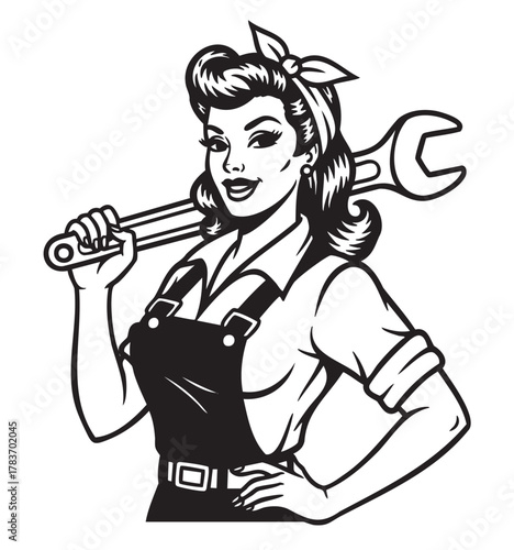 Black and white retro-style drawing of a caucasian female mechanic with a confident pose, holding a large wrench over her shoulder.