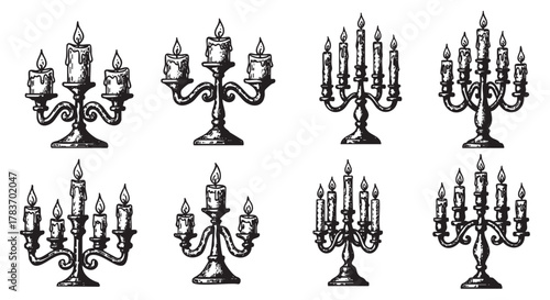Black and white ink sketches of eight ornate candelabras with multiple burning candles, showcasing intricate designs and varying sizes.