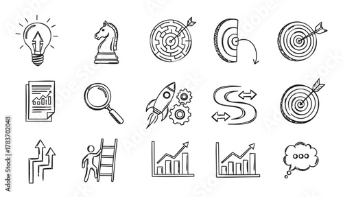 Black outline icons depicting a light bulb, chess knight, maze, chart, magnifying glass, rocket, arrows, ladder, and thought bubble, symbolizing strategy and innovation.