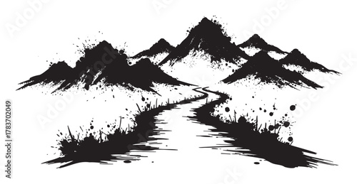 Black ink illustration of a winding path leading to jagged, snow-capped mountains with splattered artistic accents.