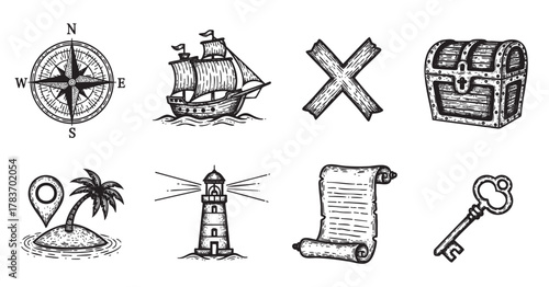 Hand-drawn nautical icons including a compass, sailing ship, crossed wood, treasure chest, island with a palm tree, lighthouse, scroll, and an antique key.