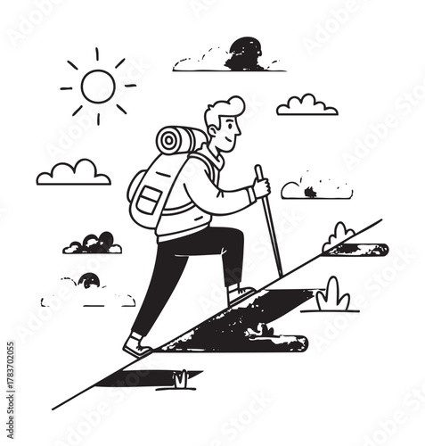 Cartoon illustration of a young caucasian male hiker with a backpack and walking stick ascending a slope in a sunny outdoor setting.