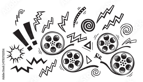 Black and white doodle-style illustration featuring four film reels surrounded by dynamic zigzag and spiral patterns, along with exclamation marks.