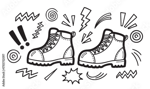 Black and white outline of a pair of rugged hiking boots surrounded by dynamic, abstract shapes and symbols.