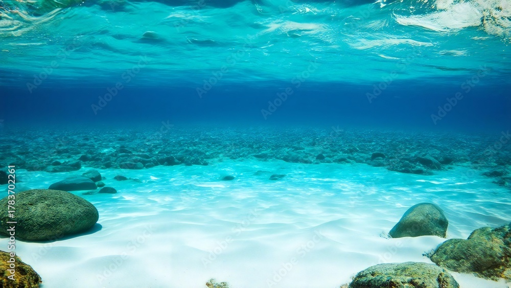 Fototapeta premium Crystal clear tropical ocean water with sandy bottom and rocks