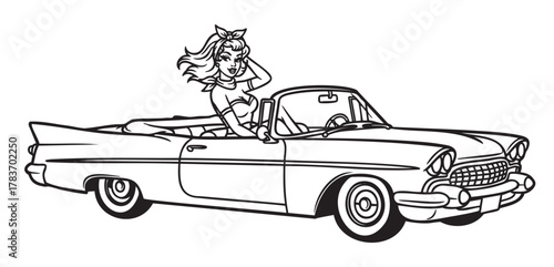 Retro-style black and white drawing of a woman in a vintage convertible car, showcasing 1950s fashion with a bandana and strapless top.
