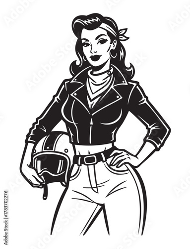 Wallpaper Mural Confident young caucasian female biker in a leather jacket and jeans, holding a helmet with one hand on her hip, exuding a vintage style. Torontodigital.ca