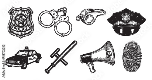 Black and white sketch of various police equipment, including a badge, handcuffs, whistle, hat, patrol car, baton, megaphone, and fingerprint.