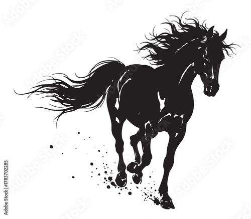 Dynamic silhouette of a galloping horse with flowing mane and tail, accented by splattered ink effects, conveying movement and energy.