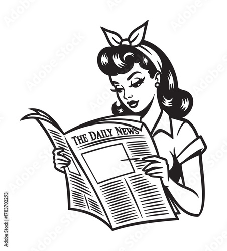 Black and white illustration of a young caucasian female reading a newspaper with a thoughtful expression and vintage hairstyle.