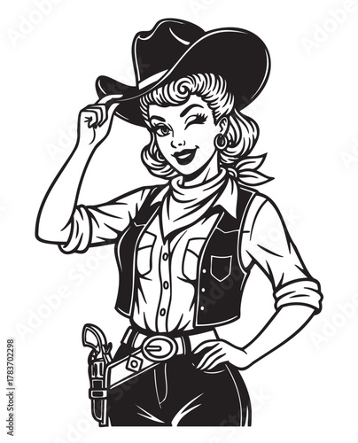 Black and white line drawing of a confident young caucasian female cowboy in a hat with a wink and a smile, wearing a vest and holster.