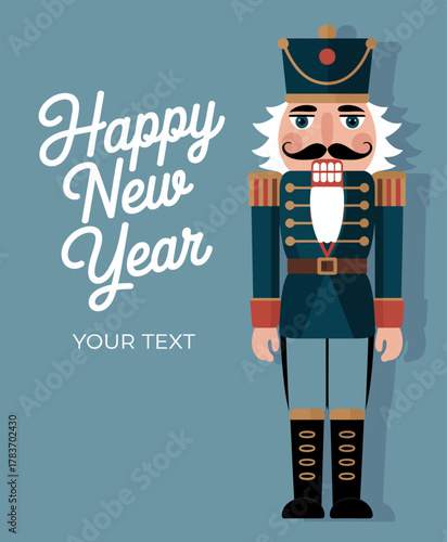 A whimsical nutcracker figure stands beside a festive New Year greeting, symbolizing celebration and joy during the holiday season with vintage charm and style.