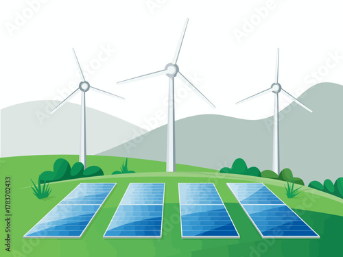 The image illustrates a vibrant green landscape featuring solar panels and wind turbines, symbolizing renewable energy and a sustainable future for our planet.