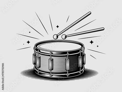This detailed illustration of a snare drum surrounded by energetic effects emphasizes the rhythm and vibrancy of music and the art of drumming.