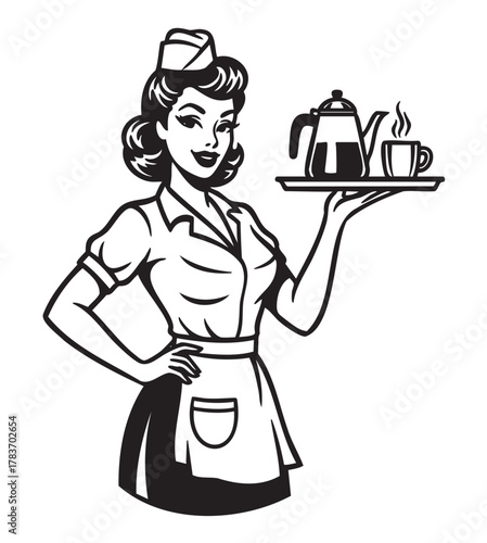 Black and white retro illustration of a smiling female waitress holding a tray with a coffee pot and a steaming cup, wearing a classic uniform and hat.