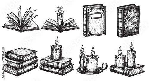 Black and white vintage-style illustrations of various open and closed books paired with lit candles, showcasing a classic and antique aesthetic.