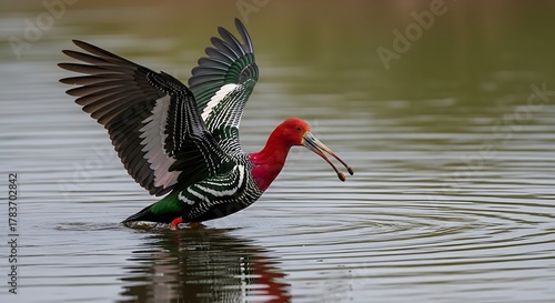 Crimson-headed Barbet Landing in Water - A Vibrant Bird in Action.