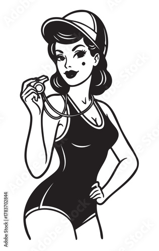 Black and white vector illustration of a young caucasian female in retro swimwear, holding a camera, with a confident pose and smiling expression.