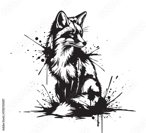 Black and white ink splatter artwork of a sitting fox, featuring detailed fur and expressive eyes, surrounded by dynamic splashes.
