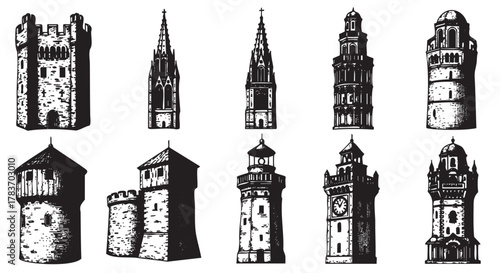 A collection of ten black and white vintage tower illustrations showcasing various architectural styles, including gothic and medieval designs.