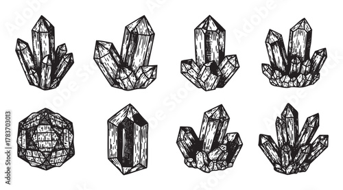 Hand-drawn black outline sketches of various crystal formations, including clusters and single elongated crystals, illustrating mineral diversity.