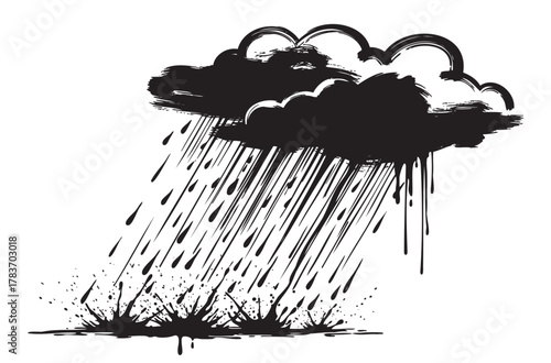 Black ink-style illustration of a cloud with rain falling down in streams, creating splashes on the ground below.
