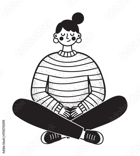 Black and white illustration of a female character seated in a cross-legged position, wearing a striped sweater and earrings, with a hair bun.