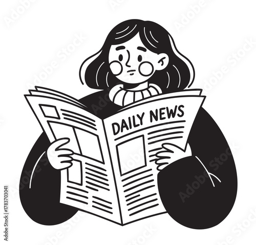 Young female character with shoulder-length hair, wearing a sweater, reading a newspaper labeled "daily news" with a thoughtful expression.