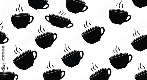 Black coffee cup seamless pattern hot beverage mug steam illustration cafe background morning drink art