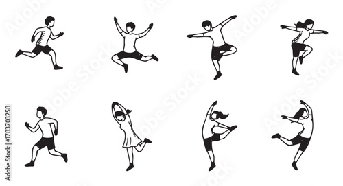 Black outline vector illustrations of energetic children showcasing various dynamic poses, including running and dancing, demonstrating youthful movement and activity.