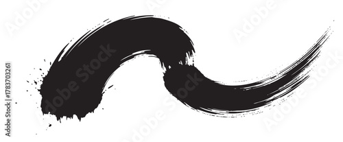 Bold black brush stroke forming a dynamic crescent shape with textured edges on a white background.