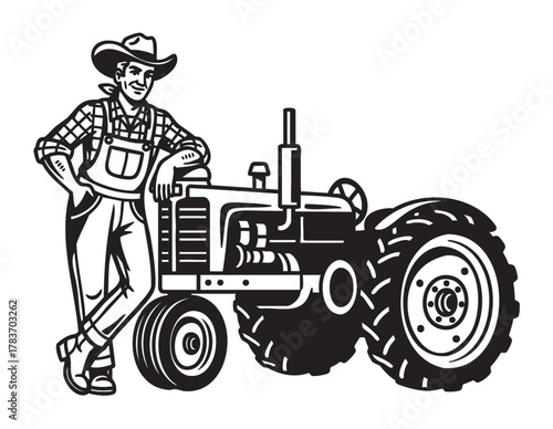 Caucasian male farmer in plaid shirt and overalls leaning against a classic tractor with large tires, smiling confidently, and wearing a cowboy hat.