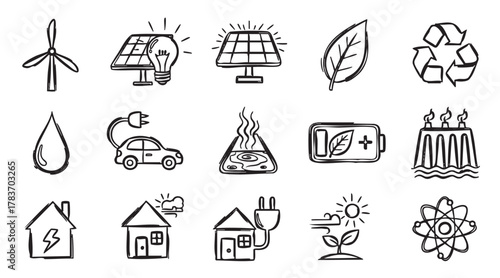 Hand-drawn black outline icons depicting renewable energy sources and sustainability, including solar panels, wind turbines, electric cars, recycling, and eco-friendly symbols.