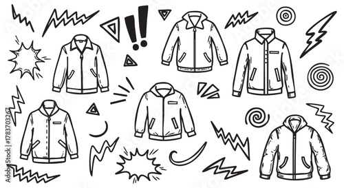 Black and white outline illustration of five jackets surrounded by various abstract geometric and zigzag shapes.