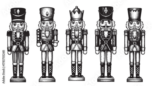 Black and white illustration of five traditional nutcracker soldiers in detailed attire, showcasing distinct hats and design elements.