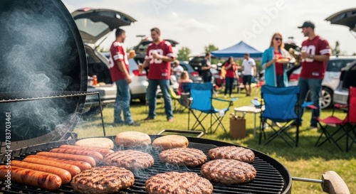 Fototapeta Naklejka Na Ścianę i Meble -  Tailgating party with people grilling hot dogs and hamburgers outside in a parking lot with cars and tents
