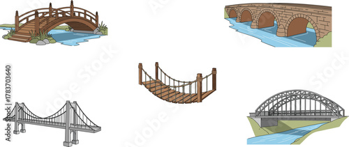 Bridge illustrations, wooden arch bridge, stone arch bridge, rope suspension bridge, modern suspension bridge, steel arch bridge, architectural design, e