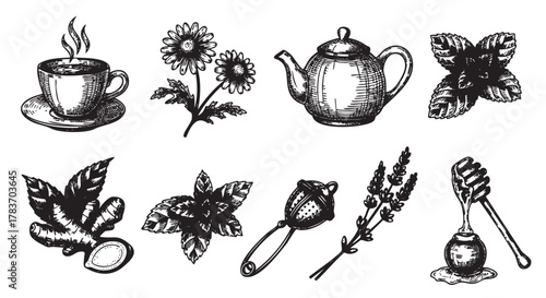 Vintage-style black and white sketches of a steaming coffee cup, daisy flowers, a teapot, mint leaves, sugar cubes, peppermint leaves, a lavender sprig, and a honey dipper.