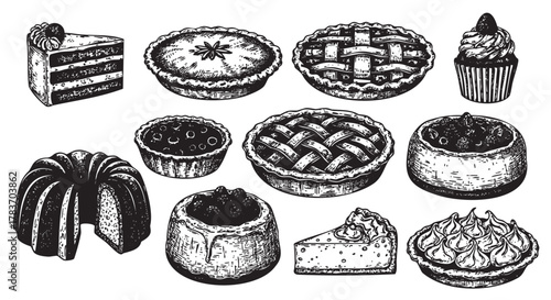 Black and white hand-drawn illustrations of various pastries, including pies, cakes, tarts, and muffins, showcasing intricate details and diverse designs.