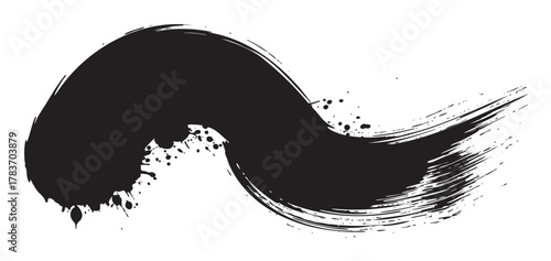 Black ink brushstroke with splatter details creating a dynamic and fluid shape, conveying motion and energy on a plain white background.