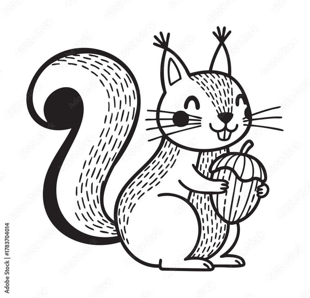Naklejka premium Black outline vector of a cheerful squirrel holding an acorn, showcasing playful features and intricate fur details.