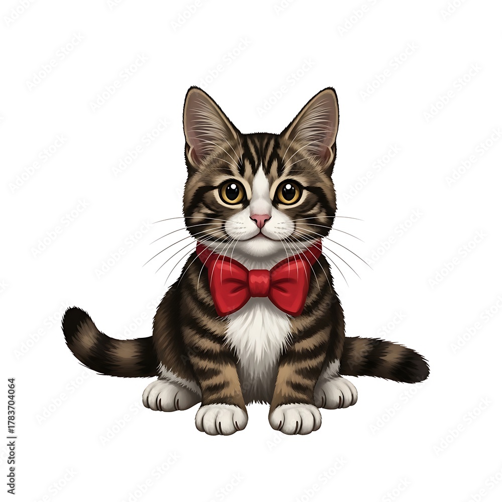 Fototapeta premium Charming Tabby Kitten with Red Bow Tie - A Captivating Portrait.