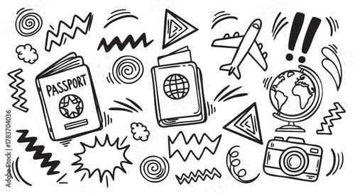 Black and white doodle pattern featuring passports, a globe, an airplane, and a camera with abstract shapes and symbols scattered throughout.