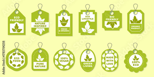 Eco Labels and Tags with Leaf Icons. Organic, Vegan, Natural, and Bio Design Set