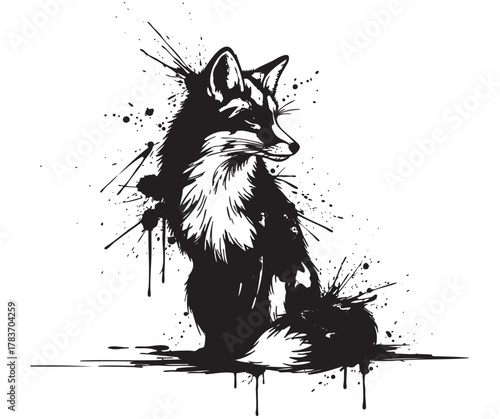 Black ink splatter drawing of a stylized fox sitting, with intricate fur details and expressive splashes conveying a sense of artistic movement.
