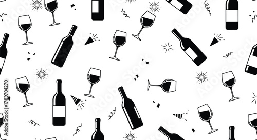 Wine bottles and glasses black and white seamless pattern background vector illustration party graphic.