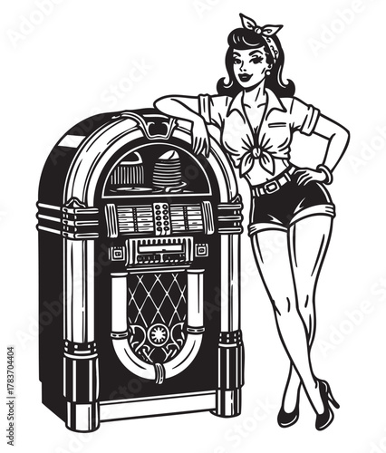 Retro black and white illustration of a jukebox with a female figure in vintage attire leaning against it.