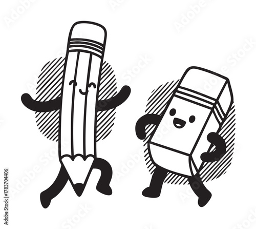 Black and white cartoon illustration of a happy dancing pencil and eraser with smiling faces and playful poses.